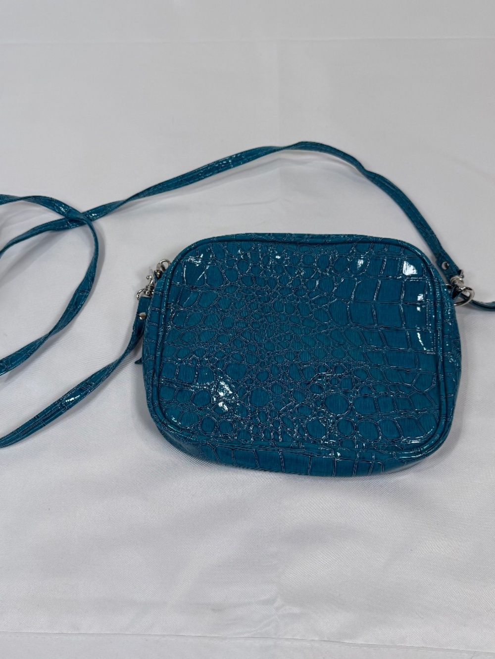 Turquoise Croc Embossed Crossbody Purse Small Patent Faux Leather Multi Zip Bag